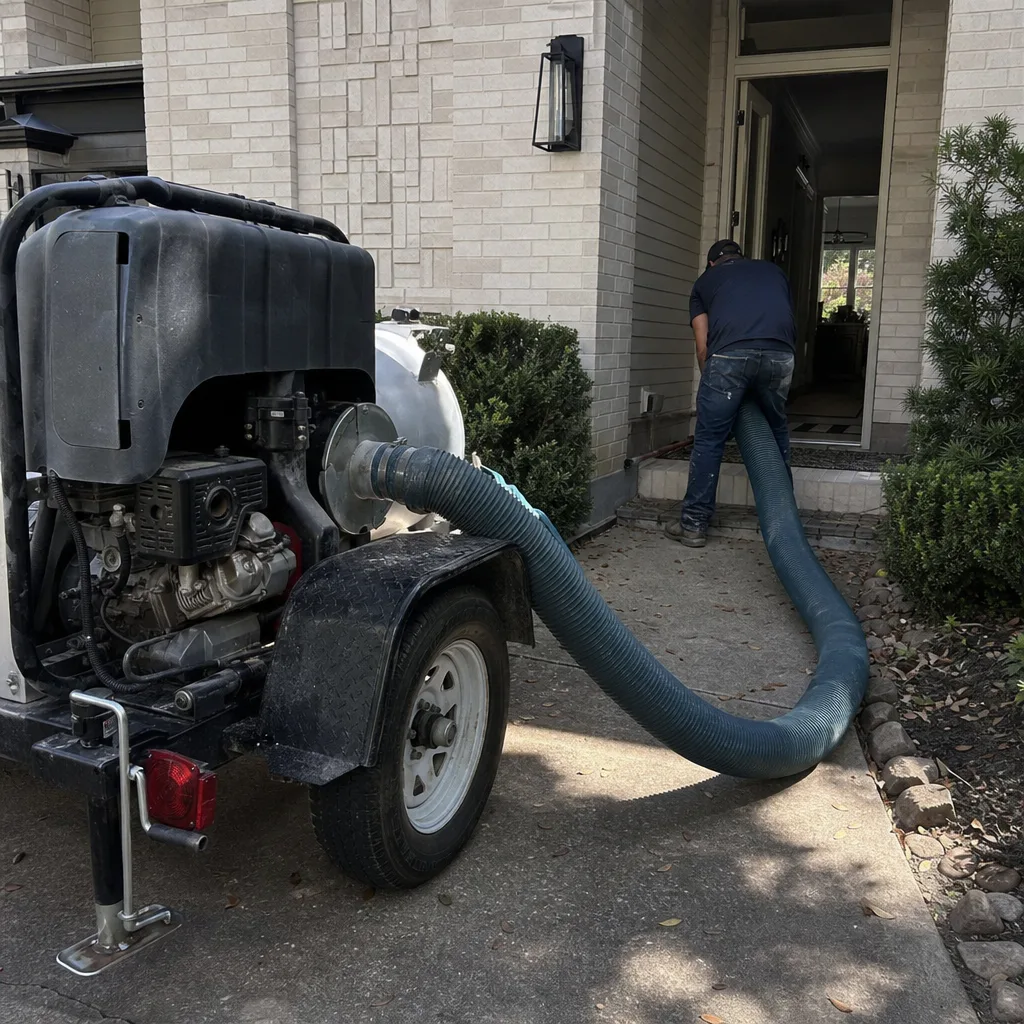 Professional technician using an air duct cleaning vacuum system at a home