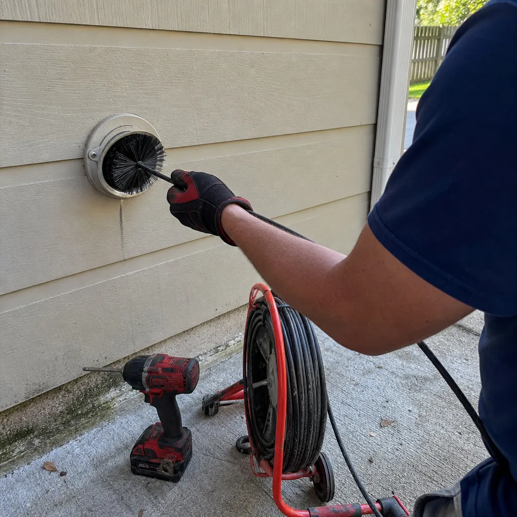 Technician performing professional dryer vent cleaning with a rotating brush tool