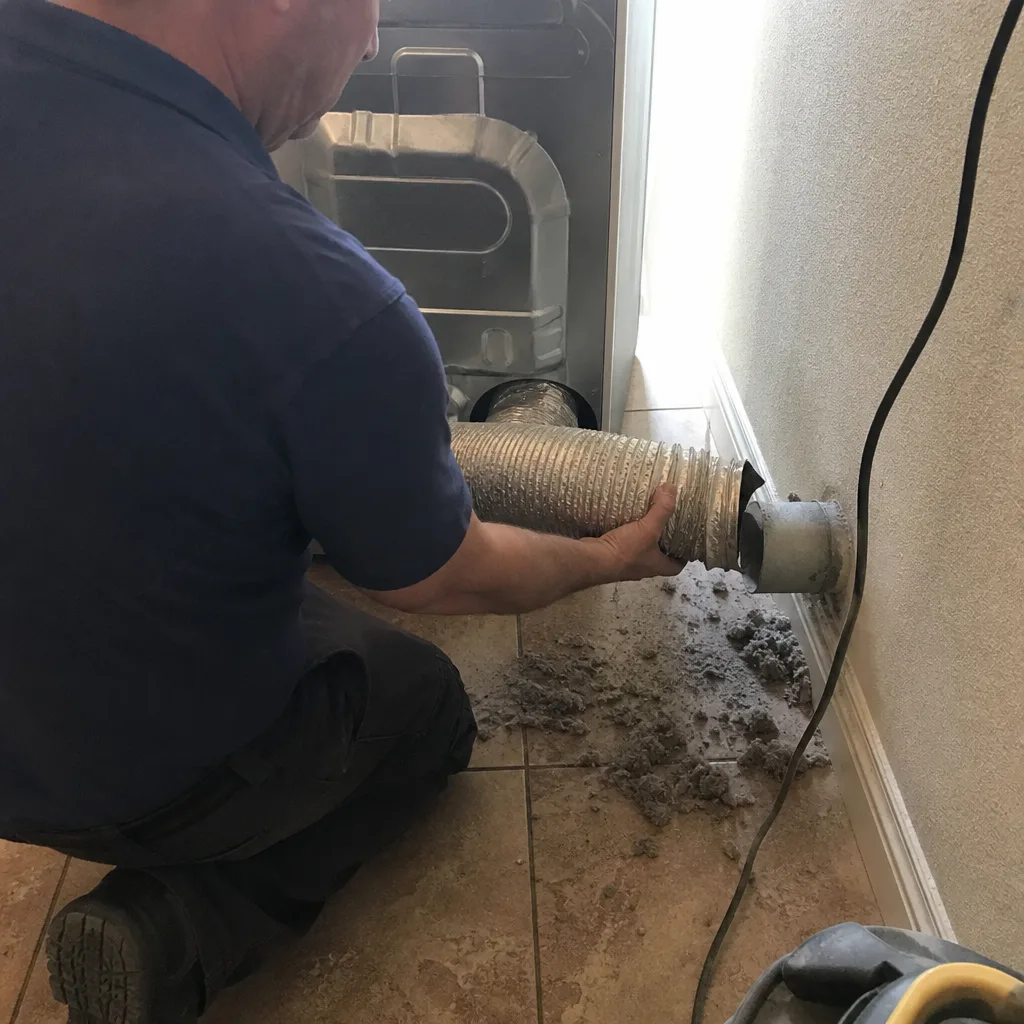 Technician connecting aluminum dryer vent hose during professional cleaning service