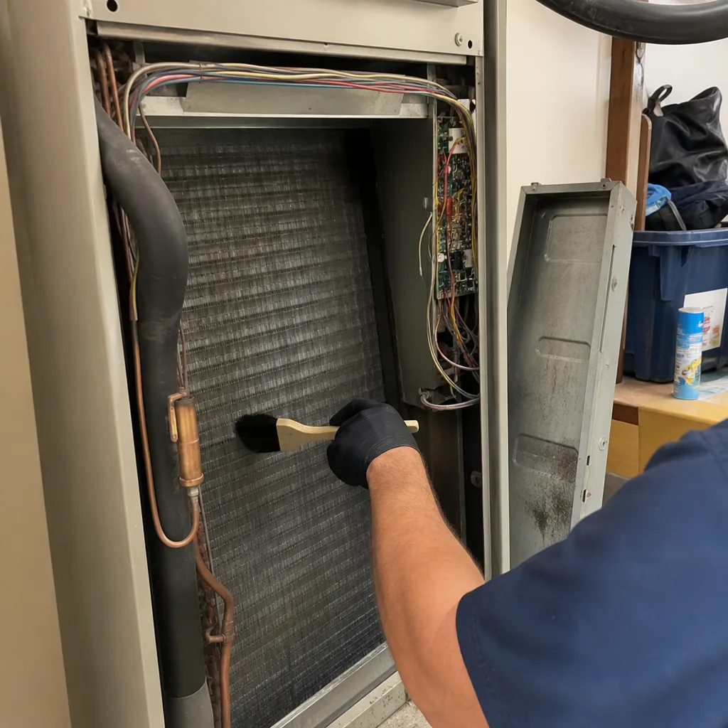 HVAC technician cleaning dusty evaporator coils with a brush